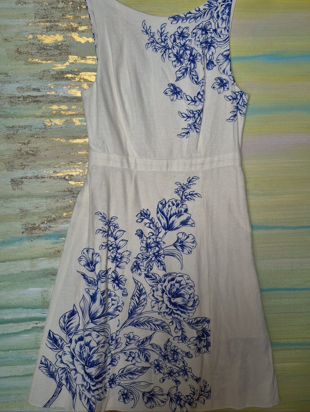 Linen Blend Blue Floral Feminine Dress